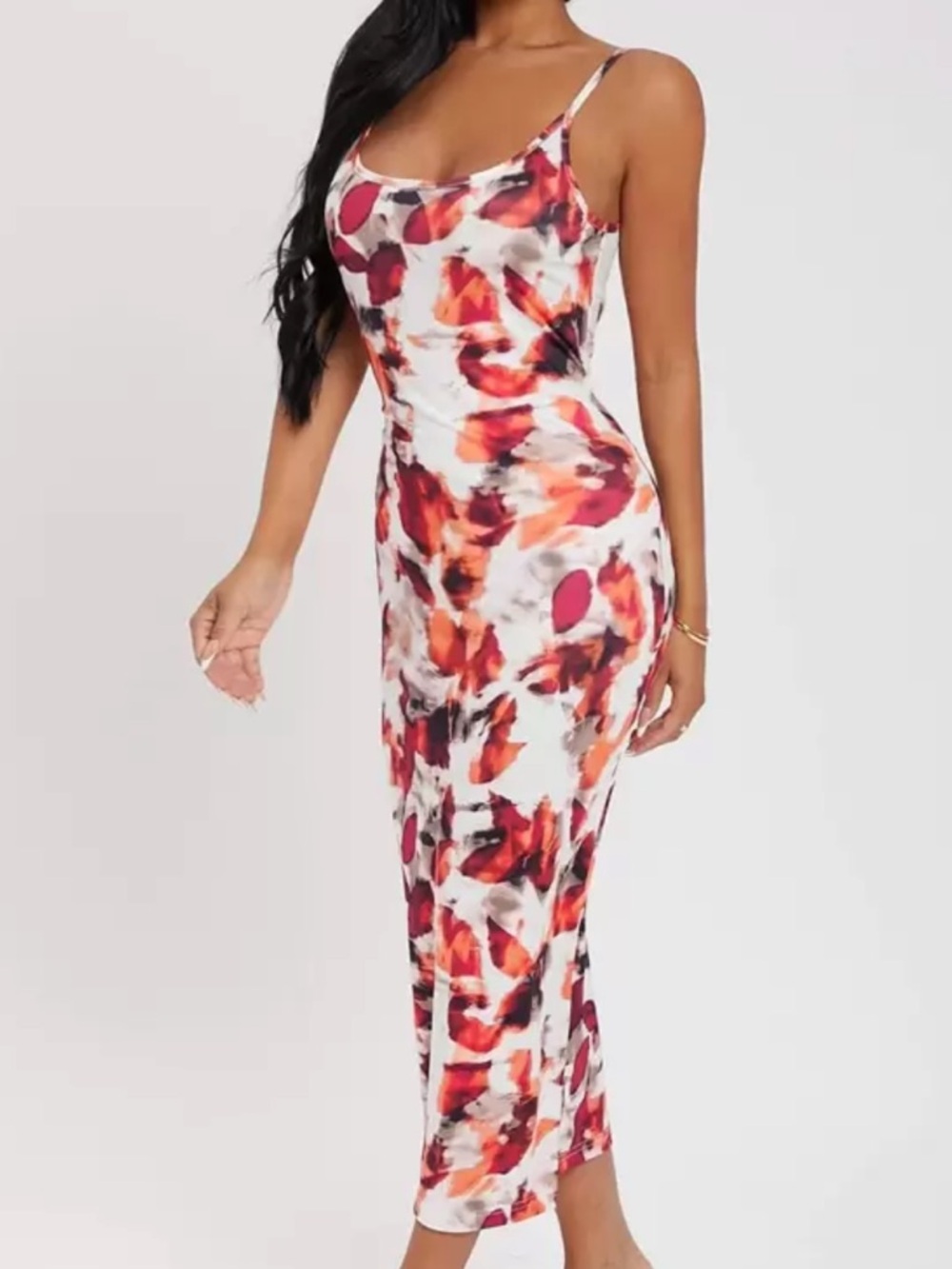 White Maxi Bodycon Dress w/ Red, Orange and Black Abstract Print, Medium